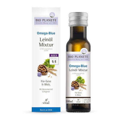 Omega blue - mieszanka z olejem lnianym (orzechy włoskie, algi morskie) 100 ml - Bio Planete (EKO)