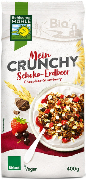 Crunchy czekoladowe z truskawkami i czarną porzeczką 400 g - Bohlsener Muehle (EKO)