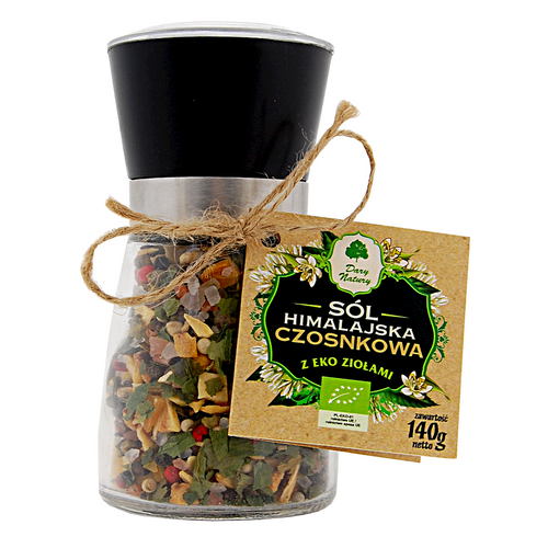 Sól himalajska w młynku z ziołami czosnkowa 140 g - Dary Natury (EKO)